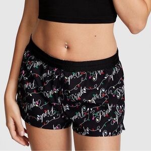 NWT Victoria’s Secret PINK Flannel Boxy Pajama Shorts Black Holiday Logo Lights